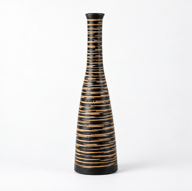 Handcrafted Matte Black Bud Vase with Natural Etched Stripes