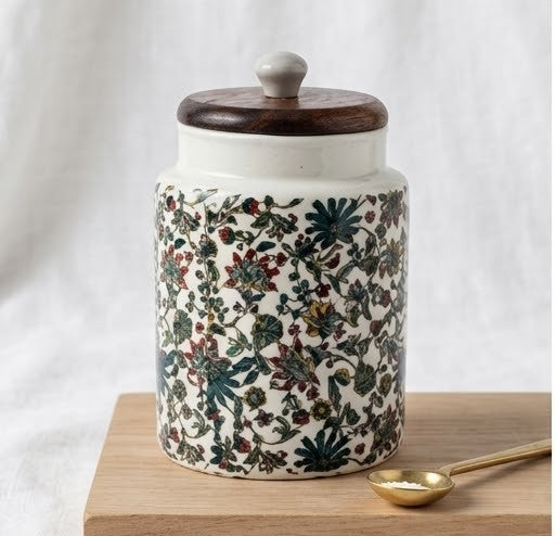 Floral Printed Ceramic Storage Jar with Wooden Lid