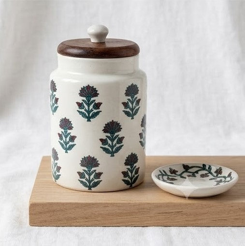 Floral Printed Ceramic Storage Jar with Wooden Lid
