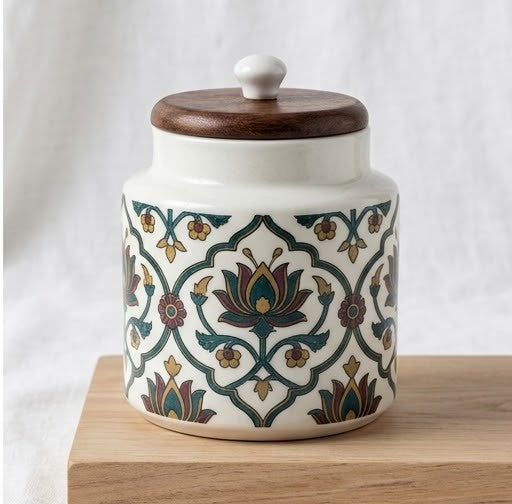 Floral Motif Ceramic Storage Jar with Wooden Lid