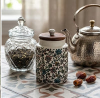 Floral Printed Ceramic Storage Jar with Wooden Lid