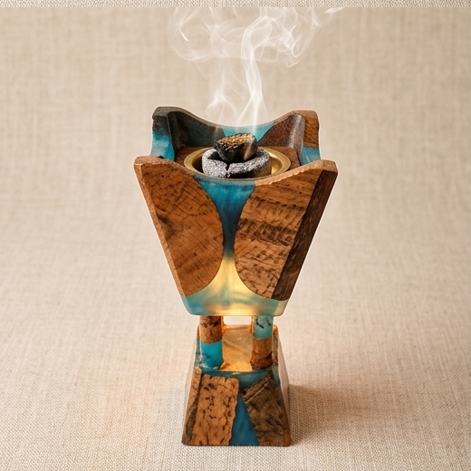 Artisanal Geometric Wood and Turquoise Resin Incense Burner