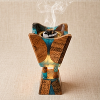 Artisanal Geometric Wood and Turquoise Resin Incense Burner