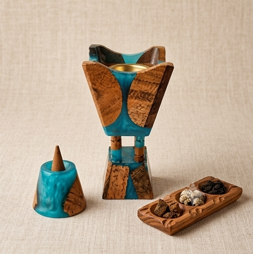 Artisanal Geometric Wood and Turquoise Resin Incense Burner