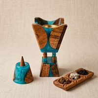 Artisanal Geometric Wood and Turquoise Resin Incense Burner