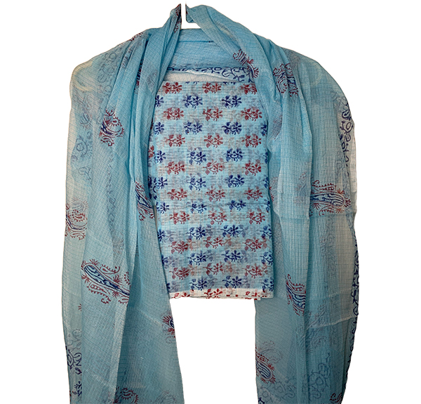 buy printed kota doria suit light blue - colour online