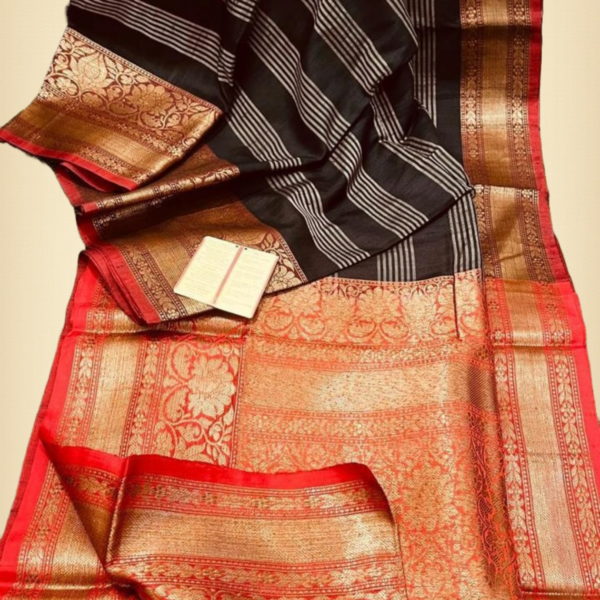 Elegant Black Tussar Silk Saree with Intricate Zari Work and Attached Unstiched Blouse – Perfect for Weddings,  and Party Wear