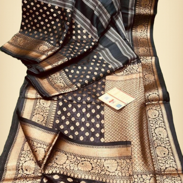 Elegant Black Tussar Silk Saree with Intricate Zari Work and Attached Unstiched Blouse – Perfect for Weddings,  and Party Wear
