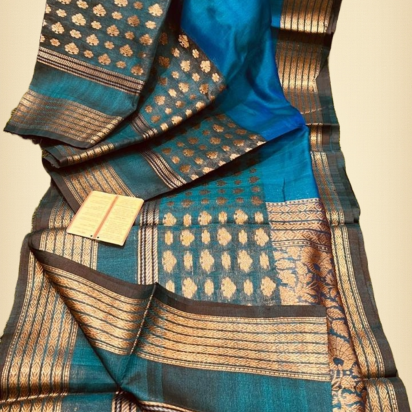 Elegant Blue Tussar Silk Saree with Attached Blouse Perfect for Weddings Birthdays and Party Wear