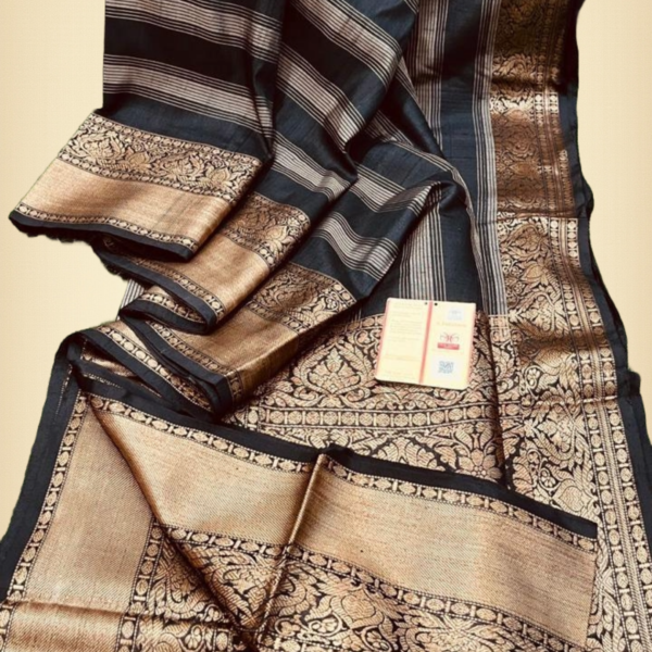 Elegant Black Tussar Silk Saree with Intricate Zari Work and Attached Unstiched Blouse – Perfect for Weddings,  and Party Wear