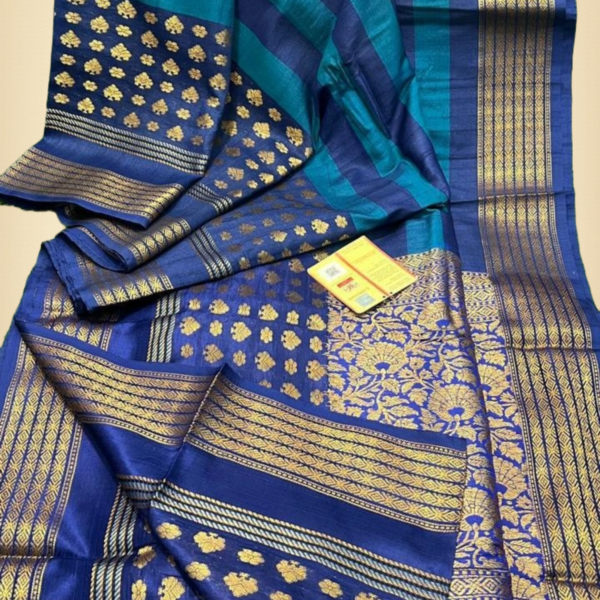Elegant Blue Tussar Silk Saree with Intricate Zari Work and Attached Unstiched Blouse – Perfect for Weddings,  and Party Wear