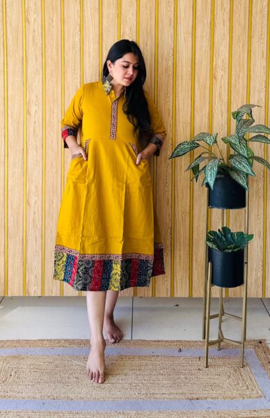 Elegant Plain Cotton 1 Piece Dress in Mustard with Collar Neck and 3/4 Sleeves for Casual Elegance