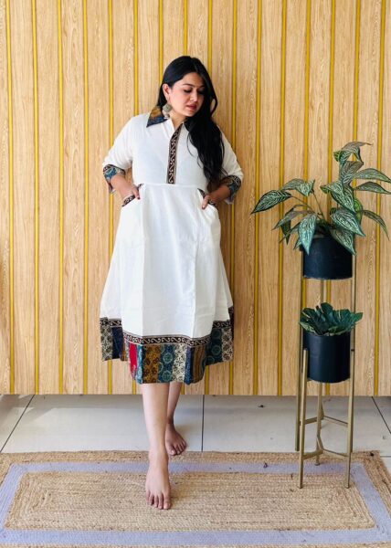 Elegant Plain Cotton 1 Piece Dress in White with Collar Neck and 3/4 Sleeves for Casual Elegance