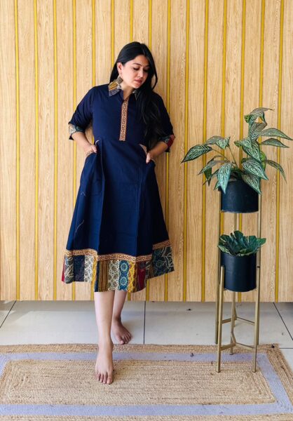 Elegant Plain Cotton 1 Piece Dress in Navy Blue with Collar Neck and 3/4 Sleeves for Casual Elegance