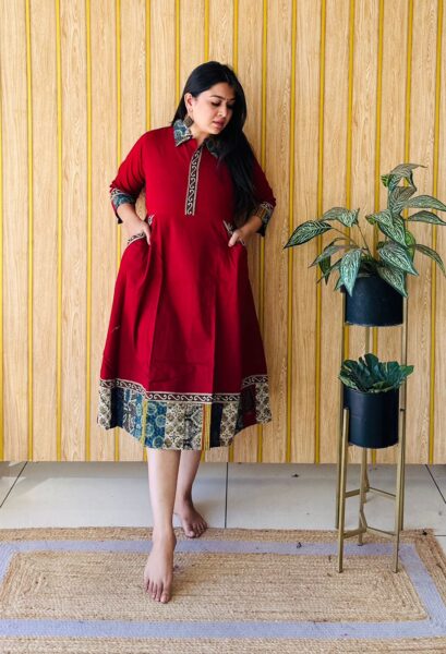 Elegant Plain Cotton 1 Piece Dress in Red with Collar Neck and 3/4 Sleeves for Casual Elegance