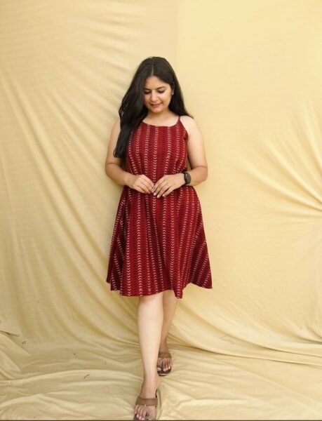 Decent Handicraft Cotton Ajrakh Handblock Print Veg Dyed One Piece Dress – Maroon, Knee-Length