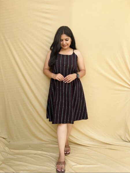 Decent Handicraft Cotton Ajrakh Handblock Print Veg Dyed One Piece Dress – Navy Blue, Knee-Length