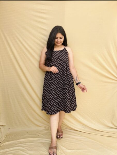 Decent Handicraft Cotton Ajrakh Handblock Print Veg Dyed One Piece Dress – Navy Blue, Knee-Length