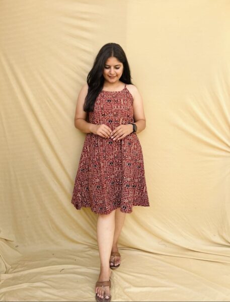 Decent Handicraft Cotton Ajrakh Handblock Print Veg Dyed One Piece Dress – Maroon, Knee-Length