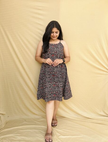 Decent Handicraft Cotton Ajrakh Handblock Print Veg Dyed One Piece Dress – Navy Blue, Knee-Length