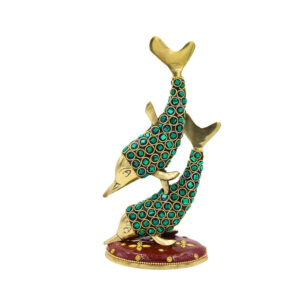 NATRIEL Brass Dolphin Pair Statue Emblem of Joy and Friendship Decorative Showpiece - 20 cm (Brass, Green)