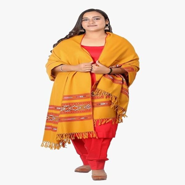 Handcrafted Kullu Pure Wool Yellow Shawl with 3 Stripe Cashmilone Design