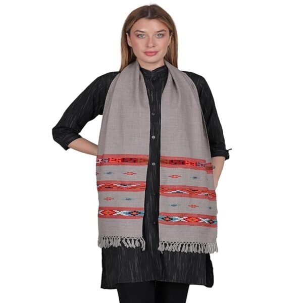 Shoogloo Elegant Kullu Handwoven Woollen Light Grey Muffler Pure Wool with Rich Embroidered 3 Patti