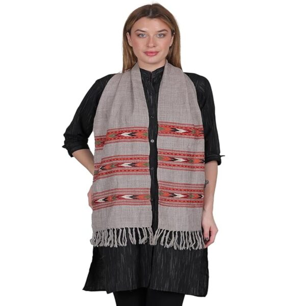 Shoogloo Handwoven Pure Woollen Grey Muffler with Embroidered Teen Patti Design