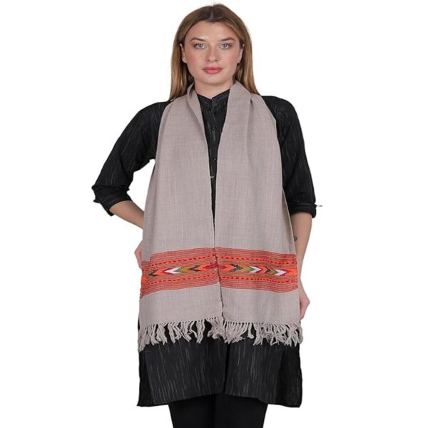 Shoogloo Handwoven Pure Woollen Light Grey Muffler with Embroidered One Patti Design
