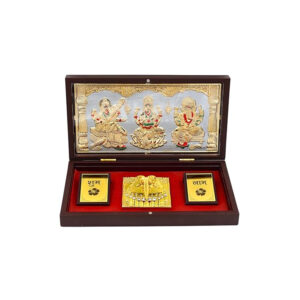 NATRIEL Gold Plated Laxmi Ganesh Charan Paduka Yantra Devotional Prayer Box Wooden Momento Decorative Showpiece Box Packing Diwali Gifting