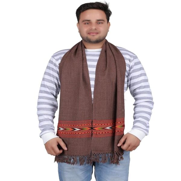 Shoogloo Authentic Handwoven Kullu Woollen Brown Muffler Premium Embroidered Patti Design