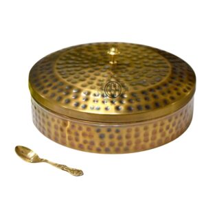 DSH Hammered Brass Spice Box (Masala Dani) 7 Containers with Spoon | Traditional Kitchen Masala Organizer