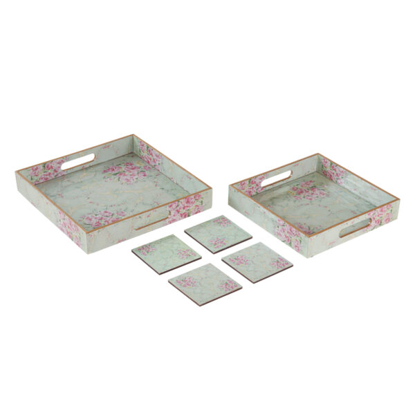 Agarwal's Creations Floral Elegance MDF Serving Trays Duo Set with Coasters