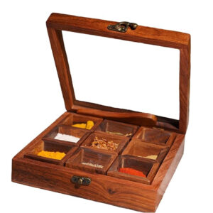 SWH Wooden 9 Containers Masala Box Handcrafted Spice Box with Lid Sheesham Wood Masala Dabba for Kitchen Storage