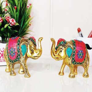 Kridaykraft Metal Elephant Set Medium Size with Stone Work Showpiece for Home Decor