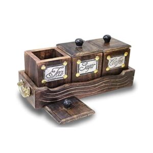 SWH Wooden Canister Set with Tray 3 Containers (600ml Each) for Tea, Coffee, Spices, and Salt Storage with Spice & Salt Shaker