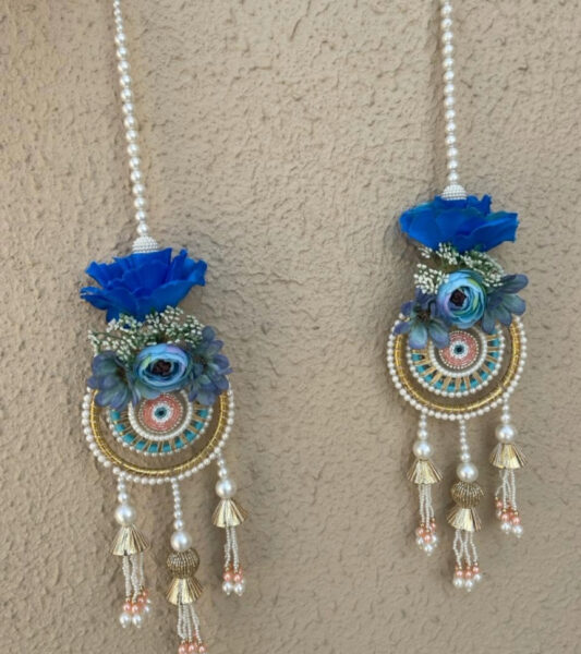 ART BY CHAITASI Blue Floral Three Tassel Door Side Hanging Pooja Room | Handcrafted Decorative Hanging for Wall, Temple & Festive Decor | Traditional Meets Modern Spiritual Accent