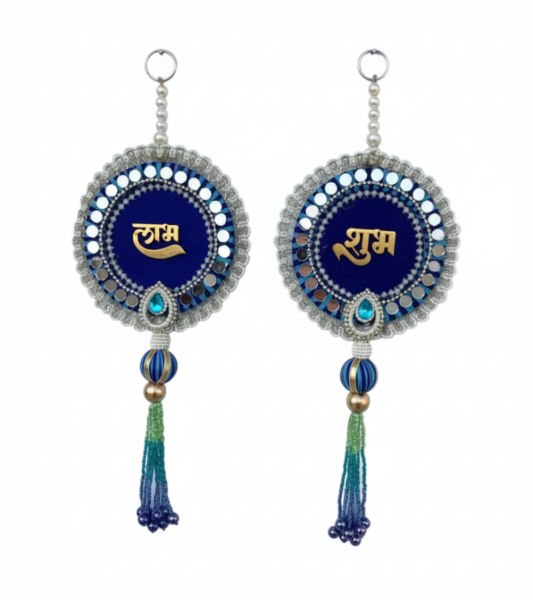 Art by Chaitasi Blue Elephant & Yellow Pom Pom Door Hanging – Handcrafted Decorative Wall & Temple Hanging | Size - (12.7 x 66 x 12.7 Cm) | Beaded & Fabric Design | Glossy Finish | Traditional Festive & Spiritual Décor