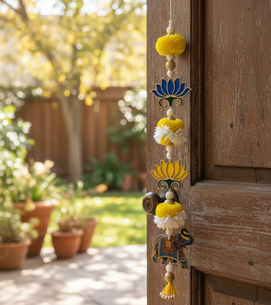 ART BY CHAITASI Blue Elephant Yellow Pom Pom Hanging & Pooja Room | Handcrafted Decorative Hanging for Wall, Temple & Festive Decor |Size - 12.7 × 66 × 12.7 cm|Traditional Meets Modern Spiritual Accent